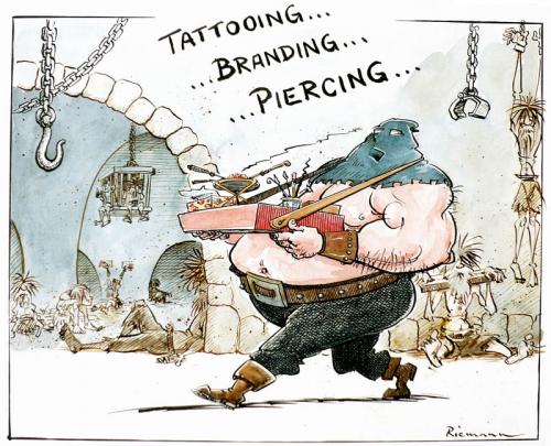 Cartoon: Piercing (medium) by Riemann tagged tattoo,piercing,branding,fashion,mode,torture,inquisition,dungeon,life,style,culture
