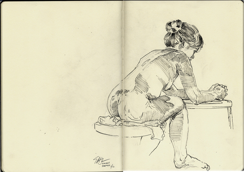 Cartoon: Model leans on stool (medium) by halltoons tagged female,nude,sketch,drawing,model