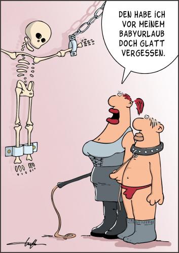 Cartoon: Babyurlaub (medium) by luftzone tagged mann,frau,erotik,man,woman,peitsche,sm,skelett,cartoon,dominatrix,domina,frau,sklave,gewalt,peitsche,sexspiel,spiel,vorlieben,bdsm,sm,sadomaso,mann,skelett,folter,vergesslichkeit,verantwortung,neigung,sexualität