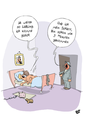 Cartoon: Erwischt (medium) by luftzone tagged cartoonalarm,cartoon,thomas,luft,luftzone,humor,comic,spaß,lustig,freude,lachen,comedy,lacher,brüller,zeichnung,sprechblase,karikatur,bett,schlafzimmer,bild,hochzeitsfoto,ehepaar,liebespaar,minuten,fremdgehen,seitensprung,zeit,uhr,fünf,erwischt,ertappt,hochzeitsfoto,bild,schlafzimmer,bett,liebespaar,beziehung,liebe,patnerschaft