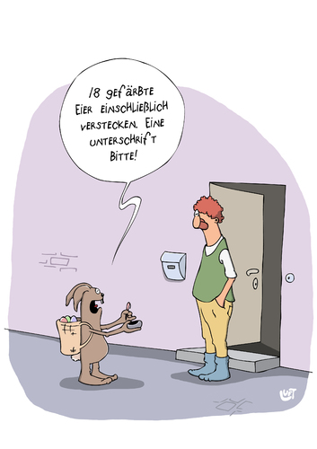 Cartoon: Unterschrift (medium) by luftzone tagged cartoonalarm,cartoon,thomas,luft,luftzone,humor,comic,spaß,lustig,freude,lachen,comedy,lacher,brüller,zeichnung,sprechblase,karikatur,unterschrift,hase,osterhase,ostern,verstecken,eier,osterei,briefkasten,tür,korb,haustür,mann,feiertag,osterfest,osterhase,ostern