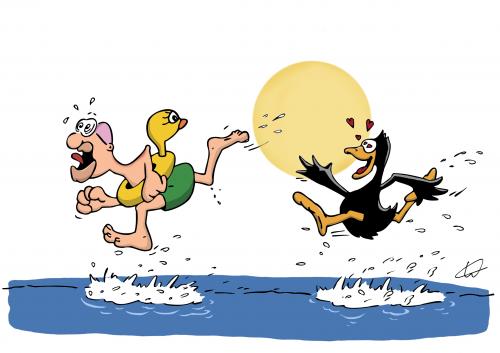 Cartoon: Verliebt (medium) by luftzone tagged verliebt,ente,schwimmreifen,love,duck,wasser,sonne,meer,mann,badekappe,liebe,schwimmen,wasser,liebe,verliebt,partnersuche,jagd,jagen,balzverhalten,vogel,vögel,ente,tier,tiere,baden,meer,strand,natur