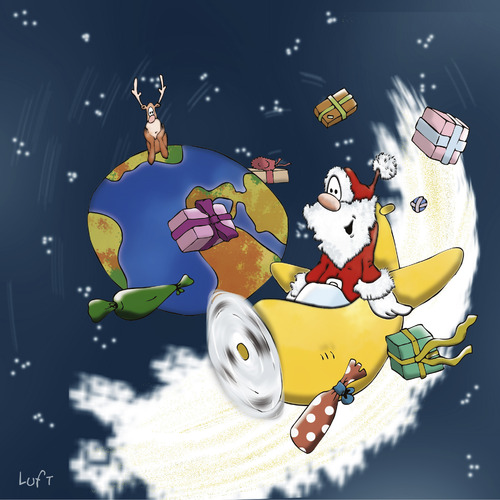 Cartoon: Weihnachtsmann (medium) by luftzone tagged weihnachtsmann,weihnachten,christmas,santa,claus,elch,erde,globus,earth,globe,flugzeug,airplane,geschenke,gifts
