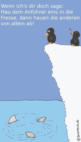 Cartoon: Manni riskierts (medium) by brezeltaub tagged pinguin,haie,fresse,mut