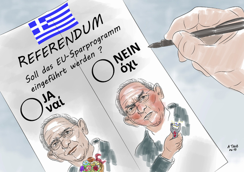 Cartoon: Abstimmung Griechenland (medium) by Ago tagged griechenland,eurogruppe,finanzminister,abbruch,gespräche,volksabstimmung,referendum,sparpläne,sparprogrammschuldenkrise,schulden,notkredite,rückzahlung,grexit,finanzkrise,drohende,staatspleite,bankrott,eu,euro,drachme,hilfen,verhandlungen,europa,wirtschaft,ausstieg,schäuble,cartoon,karikatur,griechenland,eurogruppe,finanzminister,abbruch,gespräche,volksabstimmung,referendum,sparpläne,sparprogrammschuldenkrise,schulden,notkredite,rückzahlung,grexit,finanzkrise,drohende,staatspleite,bankrott,eu,euro,drachme,hilfen,verhandlungen,europa,wirtschaft,ausstieg,schäuble,cartoon,karikatur