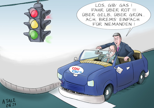 Cartoon: Ampel ante CDU CSU (medium) by Ago tagged bundestagswahl,deutschland,kanzlerkandidaten,umfragetief,armin,laschet,cdu,csu,vorsprung,olaf,scholz,spd,mögliche,ampelkoalition,fdp,grünen,bündnis,neunzig,wahlkampf,attacken,verschärfung,auto,ampel,politik,caricature,karikatur,cartoon,pressezeichnung,illustration,tale,agostino,natale,bundestagswahl,deutschland,kanzlerkandidaten,umfragetief,armin,laschet,cdu,csu,vorsprung,olaf,scholz,spd,mögliche,ampelkoalition,fdp,grünen,bündnis,neunzig,wahlkampf,attacken,verschärfung,auto,ampel,politik,caricature,karikatur,cartoon,pressezeichnung,illustration,tale,agostino,natale