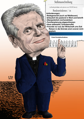 Cartoon: Anforderungsprofil BuPrä (medium) by Ago tagged anforderungen,wulff,nachfolger,karikatur,bild,porträt,wahl,bundespräsident,gauck,joachim,joachim gauck,bundespräsident,nachfolger,wulff,anforderungen,joachim,gauck