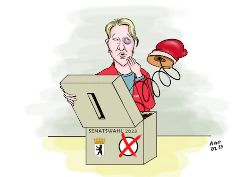 Cartoon: Berlin hat gewählt (medium) by Ago tagged berlin,senatswahl,abgeordnetenhaus,wahlwiederholung,cdu,stärkste,partei,verluste,regierung,bürgermeisterin,franziska,giffey,spd,grüne,linke,unzufriedenheit,denkzettel,wahlurne,boxhandschuh,blaues,auge,politik,caricature,karikatur,cartoon,pressezeichnung,illustration,ago,agostino,natale,berlin,senatswahl,abgeordnetenhaus,wahlwiederholung,cdu,stärkste,partei,verluste,regierung,bürgermeisterin,franziska,giffey,spd,grüne,linke,unzufriedenheit,denkzettel,wahlurne,boxhandschuh,blaues,auge,politik,caricature,karikatur,cartoon,pressezeichnung,illustration,ago,agostino,natale