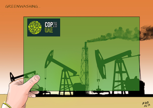 Cartoon: Cop 28 Dubai (medium) by Ago tagged cop,weltklimakonferenz,vae,dubai,greenwashing,schönreden,alibihandlungen,katastrophenfond,energiekrise,co2,abgase,kohle,erdöl,gas,temperaturanstieg,global,umweltschutz,klimapolitik,erneuerbare,alternative,energien,dringlichkeit,grünfilter,förderanlagen,wüste,wirtschaft,politik,caricature,karikatur,cartoon,pressezeichnung,illustration,ago,agostino,natale,cop,weltklimakonferenz,vae,dubai,greenwashing,schönreden,alibihandlungen,katastrophenfond,energiekrise,co2,abgase,kohle,erdöl,gas,temperaturanstieg,global,umweltschutz,klimapolitik,erneuerbare,alternative,energien,dringlichkeit,grünfilter,förderanlagen,wüste,wirtschaft,politik,caricature,karikatur,cartoon,pressezeichnung,illustration,ago,agostino,natale