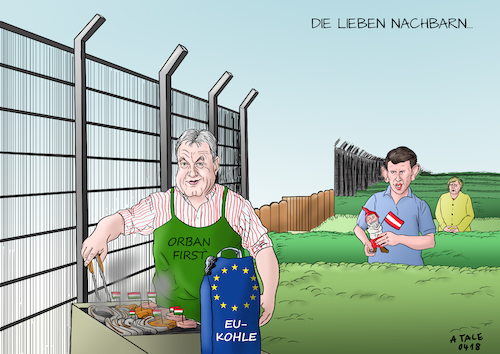 Cartoon: Die lieben Nachbarn (medium) by Ago tagged ungarn,parlamentswahlen,2018,ministerpräsident,victor,orban,fidesz,populist,nationalist,eu,kritisch,profiteur,gelder,brüssel,stimmungsmache,ängste,schüren,migration,flüchtlingspolitik,geringe,gewaltenteilung,autokratie,korruption,abschottung,österreich,sebastian,kurz,rechtsruck,merkel,deutschland,liberal,tolerant,zaun,garten,grillen,politik,karikatur,cartoon,pressezeichnung,illustration,tale,agostino,natale,ungarn,parlamentswahlen,2018,ministerpräsident,victor,orban,fidesz,populist,nationalist,eu,kritisch,profiteur,gelder,brüssel,stimmungsmache,ängste,schüren,migration,flüchtlingspolitik,geringe,gewaltenteilung,autokratie,korruption,abschottung,österreich,sebastian,kurz,rechtsruck,merkel,deutschland,liberal,tolerant,zaun,garten,grillen,politik,karikatur,cartoon,pressezeichnung,illustration,tale,agostino,natale