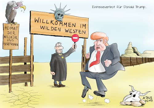 Cartoon: Einreiseverbot (medium) by Ago tagged usa,amerika,donald,trump,präsident,einreisestopp,erlass,dekret,muslim,ban,einreiseverbot,bürger,sieben,islamische,länder,aussetzung,bundesrichter,washington,berufungsgericht,bestätigung,irreparabler,schaden,negative,auswirkungen,willkür,vorurteile,proteste,weltweit,sicherheit,ausgrenzung,wilder,westen,gesetzlosigkeit,demokratie,politik,rechtsstaat,karikatur,cartoon,illustration,tale,agostino,natale,usa,amerika,donald,trump,präsident,einreisestopp,erlass,dekret,muslim,ban,einreiseverbot,bürger,sieben,islamische,länder,aussetzung,bundesrichter,washington,berufungsgericht,bestätigung,irreparabler,schaden,negative,auswirkungen,willkür,vorurteile,proteste,weltweit,sicherheit,ausgrenzung,wilder,westen,gesetzlosigkeit,demokratie,politik,rechtsstaat,karikatur,cartoon,illustration,tale,agostino,natale