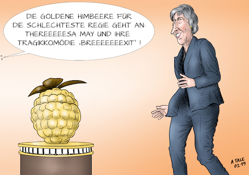 Cartoon: Goldene Himbeere für Theresa May (medium) by Ago tagged oscar,verleihung,hollywood,theresa,may,premierministerin,london,großbritannien,brexit,drama,streit,verhärtete,fronten,hin,und,her,keine,einigung,verfahrene,lage,gegner,befürworter,hardliner,goldene,himbeere,schlechter,film,regie,zweifelhafte,auszeichnung,preis,politik,karikatur,cartoon,pressezeichnung,illustration,tale,agostino,natale,oscar,verleihung,hollywood,theresa,may,premierministerin,london,großbritannien,brexit,drama,streit,verhärtete,fronten,hin,und,her,keine,einigung,verfahrene,lage,gegner,befürworter,hardliner,goldene,himbeere,schlechter,film,regie,zweifelhafte,auszeichnung,preis,politik,karikatur,cartoon,pressezeichnung,illustration,tale,agostino,natale