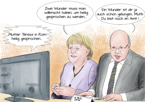 Cartoon: Heiligsprechung (medium) by Ago tagged sattel,im,fest,regierung,amt,gegner,flüchtlingspolitik,populismus,tale,illustration,cartoon,karikatur,politik,zustimmung,krise,sicher,opposition,popularität,geringere,absturz,umfragewerte,altmaier,bundeskanzlerin,merkel,angela,wunder,franziskus,papst,vatikan,rom,indien,nonne,heiligsprechung,heilig,teresa,mutter,mutter,teresa,heilig,heiligsprechung,nonne,indien,rom,vatikan,papst,franziskus,wunder,angela,merkel,bundeskanzlerin,altmaier,umfragewerte,absturz,geringere,popularität,opposition,populismus,flüchtlingspolitik,gegner,amt,regierung,fest,im,sattel,sicher,krise,zustimmung,politik,karikatur,cartoon,illustration,tale