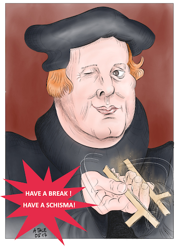 Cartoon: Lutherjahr 2017 (medium) by Ago tagged martin,luther,wittenberg,eroeffnung,weltausstellung,reformation,20,mai,tore,der,freiheit,lutherjahr,2017,500,jahre,thesenanschlag,1517,95,thesen,kirche,christentum,katholisch,evangelisch,spaltung,schisma,kirchentrennung,zerwuerfnis,glaubenskriege,religion,symbol,kreuz,brechen,anspielung,werbung,schokoriegel,portraet,karikatur,cartoon,illustration,tale,agostino,natale,martin,luther,wittenberg,eroeffnung,weltausstellung,reformation,20,mai,tore,der,freiheit,lutherjahr,2017,500,jahre,thesenanschlag,1517,95,thesen,kirche,christentum,katholisch,evangelisch,spaltung,schisma,kirchentrennung,zerwuerfnis,glaubenskriege,religion,symbol,kreuz,brechen,anspielung,werbung,schokoriegel,portraet,karikatur,cartoon,illustration,tale,agostino,natale