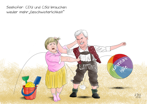 Cartoon: Mehr Geschwisterlichkeit (medium) by Ago tagged krisentreffen,regierung,cdu,csu,spd,angela,merkel,horst,seehofer,forderung,geschwisterlichkeit,gemeinsamkeiten,schwesterparteien,flüchtlingspolitik,streit,unterschiedliche,auffassung,deutschland,bleibt,obergrenze,burka,verbot,christlich,soziale,demokratis,krisentreffen,regierung,cdu,csu,spd,angela,merkel,horst,seehofer,forderung,geschwisterlichkeit,gemeinsamkeiten,schwesterparteien,flüchtlingspolitik,streit,unterschiedliche,auffassung,deutschland,bleibt,obergrenze,burka,verbot,christlich,soziale,demokratische,werte,spielplatz,kinder,kindergarten,streiten,ärgern,geschwister,haare,ziehen,jammern,politik,karikatur,cartoon,illustration