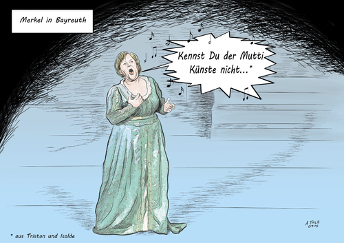 Cartoon: Merkel in Bayreuth (medium) by Ago tagged angela,merkel,bundeskanzlerin,stammgast,bayreuth,festspiele,wagner,oper,tristan,und,isolde,opernsaengerin,parodie,arie,zitat,liedzeile,spitzname,mutti,karikatur,cartoon,angela,merkel,bundeskanzlerin,stammgast,bayreuth,festspiele,wagner,oper,tristan,und,isolde,opernsaengerin,parodie,arie,zitat,liedzeile,spitzname,mutti,karikatur,cartoon