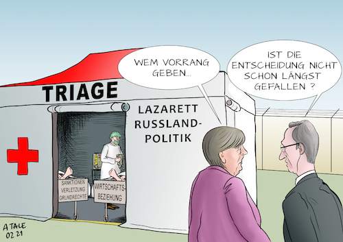 Cartoon: Politische Triage (medium) by Ago tagged eu,europa,deutschland,bundeskanzlerin,angela,merkel,außenminister,heiko,maas,russland,putin,präsident,autokratie,regime,unterdrückung,opposition,verbot,gewalt,demonstrationen,verhaftungen,nawalny,ausweisung,diplomaten,schwierige,beziehung,differenzen,disput,kontroverse,energieversorgung,nord,stream,verlegung,pipeline,lieferung,erdgas,import,wirtschaftsinteressen,handel,dilemma,sanktionen,protest,einhaltung,menschenrechte,demokratie,lazarett,triage,entweder,oder,realpolitik,politik,caricature,karikatur,cartoon,pressezeichnung,illustration,tale,agostino,natale,eu,europa,deutschland,bundeskanzlerin,angela,merkel,außenminister,heiko,maas,russland,putin,präsident,autokratie,regime,unterdrückung,opposition,verbot,gewalt,demonstrationen,verhaftungen,nawalny,ausweisung,diplomaten,schwierige,beziehung,differenzen,disput,kontroverse,energieversorgung,nord,stream,verlegung,pipeline,lieferung,erdgas,import,wirtschaftsinteressen,handel,dilemma,sanktionen,protest,einhaltung,menschenrechte,demokratie,lazarett,triage,entweder,oder,realpolitik,politik,caricature,karikatur,cartoon,pressezeichnung,illustration,tale,agostino,natale