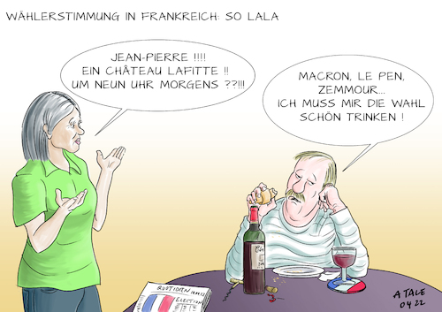 Cartoon: So Lala (medium) by Ago tagged frankreich,präsident,wahl,präsidentschaftswahl,erste,runde,amtsinhaber,macron,mäßig,beliebt,wiederwahl,herausforderer,kandidaten,le,pen,zemmour,extremistisch,populistisch,nationalistisch,anti,europa,eu,paar,frühstück,rotwein,trinken,betäuben,politik,caricature,karikatur,cartoon,pressezeichnung,illustration,tale,agostino,natale,frankreich,präsident,wahl,präsidentschaftswahl,erste,runde,amtsinhaber,macron,mäßig,beliebt,wiederwahl,herausforderer,kandidaten,le,pen,zemmour,extremistisch,populistisch,nationalistisch,anti,europa,eu,paar,frühstück,rotwein,trinken,betäuben,politik,caricature,karikatur,cartoon,pressezeichnung,illustration,tale,agostino,natale