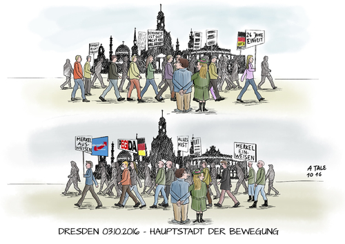 Cartoon: Tag der deutschen Zwietracht (medium) by Ago tagged dresden,dritter,oktober,2016,deutschland,feiertag,wiedervereinigung,ddr,osten,tag,der,deutschen,einheit,feier,demonstrationen,beschimpfungen,afd,pegida,extremismus,populismus,fremdenfeindlichkeit,destruktive,kritik,flüchtlingspolitik,flüchtlinge,asyl,pöbeleien,regierung,bundeskanzlerin,merkel,bundespräsident,gauck,demokratie,komplexe,probleme,vereinfachungen,billige,parolen,politik,karikatur,illustration,cartoon,dresden,dritter,oktober,2016,deutschland,feiertag,wiedervereinigung,ddr,osten,tag,der,deutschen,einheit,feier,demonstrationen,beschimpfungen,afd,pegida,extremismus,populismus,fremdenfeindlichkeit,destruktive,kritik,flüchtlingspolitik,flüchtlinge,asyl,pöbeleien,regierung,bundeskanzlerin,merkel,bundespräsident,gauck,demokratie,komplexe,probleme,vereinfachungen,billige,parolen,politik,karikatur,illustration,cartoon