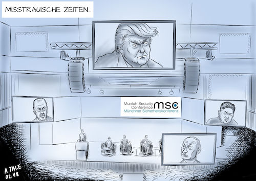 Cartoon: Unsicherheitskonferenz (medium) by Ago tagged msc,sicherheitskonferenz,münchen,security,conference,sicherheitspolitik,treffen,militär,verteidigungsminister,sicherheitsberater,schwierige,zeiten,konfrontation,trump,putin,erdogan,kim,jong,un,kriege,konflikte,misstrauen,krisenherde,diktaturen,autoritäre,regime,ost,west,nato,eu,interne,streitigkeiten,jeder,gegen,jeden,gefährdung,bedrohung,demokratien,politik,konferenzsaal,debatte,monitore,karikatur,illustration,zeichnung,bild,pressezeichnung,tale,agostino,natale,msc,sicherheitskonferenz,münchen,security,conference,sicherheitspolitik,treffen,militär,verteidigungsminister,sicherheitsberater,schwierige,zeiten,konfrontation,trump,putin,erdogan,kim,jong,un,kriege,konflikte,misstrauen,krisenherde,diktaturen,autoritäre,regime,ost,west,nato,eu,interne,streitigkeiten,jeder,gegen,jeden,gefährdung,bedrohung,demokratien,politik,konferenzsaal,debatte,monitore,karikatur,illustration,zeichnung,bild,pressezeichnung,tale,agostino,natale