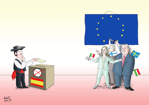 Cartoon: Wahl in Spanien (medium) by Ago tagged spanien,parlamentswahlen,prognosen,machtwechsel,rechtsruck,konservative,koalition,populisten,vox,rechtsaußen,trend,europa,italien,meloni,ungarn,orban,schweden,finnland,eu,kritisch,nationalistisch,flagge,durchschneiden,wähler,urne,politik,caricature,karikatur,cartoon,pressezeichnung,illustration,ago,agostino,natale,spanien,parlamentswahlen,prognosen,machtwechsel,rechtsruck,konservative,koalition,populisten,vox,rechtsaußen,trend,europa,italien,meloni,ungarn,orban,schweden,finnland,eu,kritisch,nationalistisch,flagge,durchschneiden,wähler,urne,politik,caricature,karikatur,cartoon,pressezeichnung,illustration,ago,agostino,natale