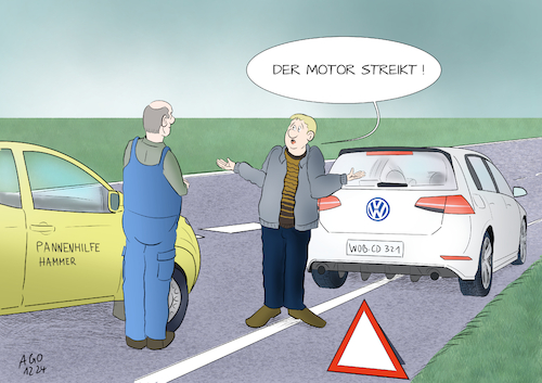 Cartoon: Warnstreiks bei VW (medium) by Ago tagged volkswagen,vw,krise,absatz,flaute,drohungen,werksschließungen,warnstreiks,streik,gewerkschaft,betriebsrat,vorschläge,verzicht,gehaltserhöhung,aufsichtsrat,ablehnung,panne,golf,pannendienst,motor,streikt,wirtschaft,politik,karikatur,cartoon,pressezeichnung,illustration,ago,agostino,natale,volkswagen,vw,krise,absatz,flaute,drohungen,werksschließungen,warnstreiks,streik,gewerkschaft,betriebsrat,vorschläge,verzicht,gehaltserhöhung,aufsichtsrat,ablehnung,panne,golf,pannendienst,motor,streikt,wirtschaft,politik,karikatur,cartoon,pressezeichnung,illustration,ago,agostino,natale