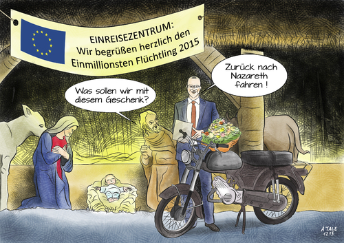 Cartoon: Weihnachtsgeschichte 2015 (medium) by Ago tagged weihnachten,weihnachtsgeschichte,maria,josef,jesus,bethlehem,christus,religion,flüchtlingskrise,flüchtlinge,asyl,asylsuchende,eu,europa,debatte,willkommen,kritik,einschränkung,femdenhass,einreisezentrum,obergrenze,eine,million,2015,gastarbeiter,1964,geschenk,deutschland,motorrad,parodie,anspielung,politik,cartoon,karikatur,weihnachten,weihnachtsgeschichte,maria,josef,jesus,bethlehem,christus,religion,flüchtlingskrise,flüchtlinge,asyl,asylsuchende,eu,europa,debatte,willkommen,kritik,einschränkung,femdenhass,einreisezentrum,obergrenze,eine,million,2015,gastarbeiter,1964,geschenk,deutschland,motorrad,parodie,anspielung,politik,cartoon,karikatur