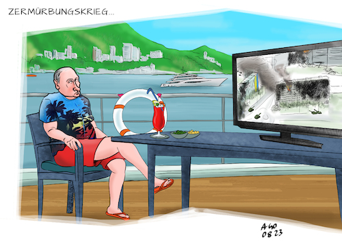 Cartoon: Zermürbungskrieg (medium) by Ago tagged russland,präsident,putin,ukraine,krieg,angriff,überfall,dauer,langwierig,verdruss,abnutzung,stellungskrieg,status,quo,distanz,gleichgültigkeit,yacht,cocktail,politik,caricature,karikatur,cartoon,pressezeichnung,illustration,ago,agostino,natale,russland,präsident,putin,ukraine,krieg,angriff,überfall,dauer,langwierig,verdruss,abnutzung,stellungskrieg,status,quo,distanz,gleichgültigkeit,yacht,cocktail,politik,caricature,karikatur,cartoon,pressezeichnung,illustration,ago,agostino,natale