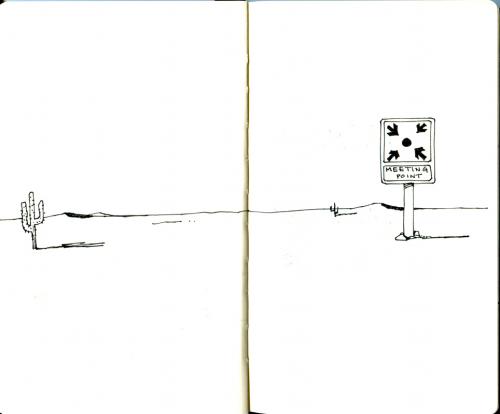 Cartoon: Meeting point (medium) by freekhand tagged meeting,point,desert,wüste,leere,nichts,treffpunkt,schild,hinweis,leer,orientierung
