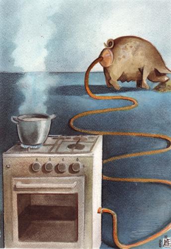 Cartoon: alternative source (medium) by matteo bertelli tagged gas,source,illustration,alternative,gas,quelle,schwein,sau,methode,tier,natur,illustration,trick,kochen,schlauch,gasherd,herd,ofen,abgase,furzen,pupsen