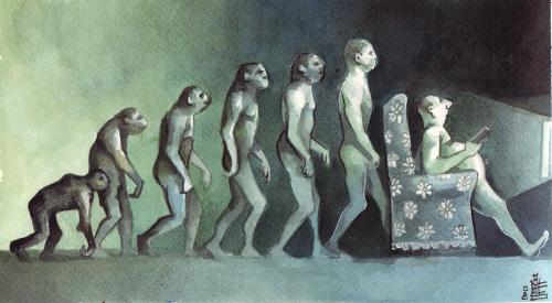 Cartoon: Evolution (medium) by matteo bertelli tagged evolution,evolution,homo sapiens,mensch,kultur,menschenaffe,neandertaler,prehistorik,entwicklung,mutation,biologie,archäologie,höhlenmensch,steinzeit,fernseher,medien,zombie,verdummung,gehen,beine