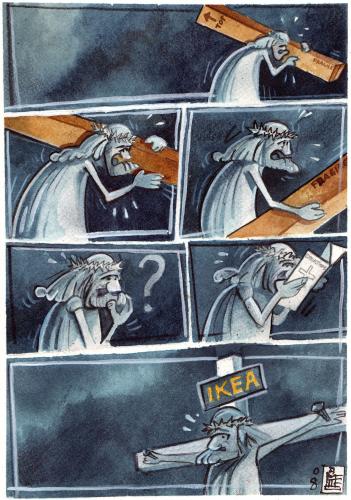 Cartoon: IKEA crucis (medium) by matteo bertelli tagged easter,,ostern,jesus,comic,strip,kreuz,tragen,schleppen,kreuzigung,ikea,möbel,holz,nagel,anleitung,gekreuzigt,lesen