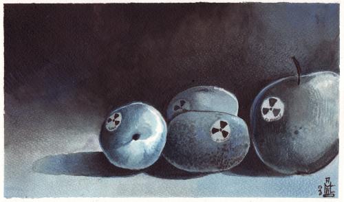 Cartoon: Natura morta - still life (medium) by matteo bertelli tagged illustration,still,life,nuclear,pollution,radioactivity,illustration,stillleben,frucht,genmanipulation,mutation,vitamine,verseucht,ungeniessbar,obst,atom,atomkraft,kernkraftwerk,kernenergie,radioaktivität,energiepreis,ölpreis,frankreich,störfall,akw,gau,nuklear,tschernobyl,unsicherheit,alternativenergie,regenerative energie,umweltfreundlich,tricastin,atommüll,verstrahlung,übergangsalternative,ökosprit,strom,stromerzeugung,kontrolle,g8,co2,umweltverschmutzung,erderwärmung,klimawandel,treibhauseffekt,hiroshima,nagasaki