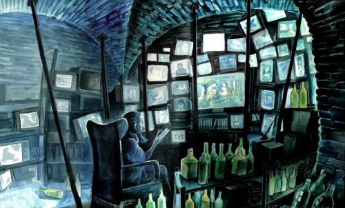 Cartoon: underground life (medium) by matteo bertelli tagged undergroud,tv,illustration,untergrund,versteck,tv,fernsehen,bildschirm,monitor,programm,sender,nachrichten,news,medien,überfluss,fanatiker,leben,alleine,abgeschiedenheit