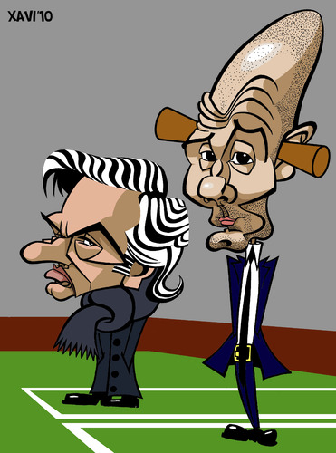 Cartoon: FC Barcelona- Real Madrid (medium) by Xavi dibuixant tagged fcb,fc,barcelona,real,madrid,jose,mourinho,pep,guardiola,caricatura,caricature,cartoon,spain,football,futbol,liga,fc barcelona,real madrid,karikatur,kariakturen,fußball,sport,fc,barcelona,real,madrid