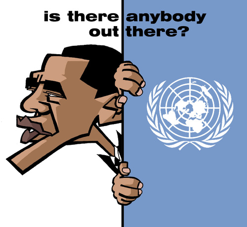 Cartoon: is there anybody out there? (medium) by Xavi dibuixant tagged obama,barack,caricature,caricatura,un,onu,united,nations,naciones,unidas,there,barack obama,präsident,usa,amerika,un,barack,obama