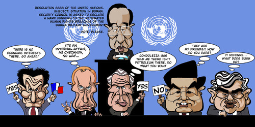 Cartoon: UN security council - Burma (medium) by Xavi dibuixant tagged burma,moon,ki,ban,putin,vladimir,sarkozy,brown,gordon,bush,george,onu,un,un,burma,abstimmung,gemeinde,menschenrechte,politiker,sicherheit,interessen,militär,vereinigte,nationen