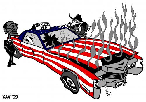 Cartoon: USA for sale (medium) by Xavi dibuixant tagged bush,obama,caricature,usa,for,sale,barack obama,george bush,präsident,präsidentschaft,usa,us,amerika,handel,verkauf,flagge,barack,obama,george,bush