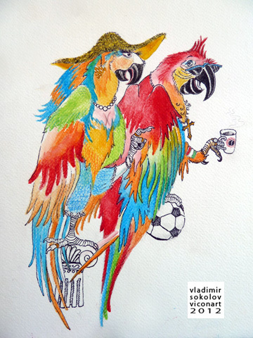 Cartoon: Italian Birds (medium) by viconart tagged italy,italian,parrot,lifestyle,tradition,animal,bird,football,soccer,coffee,romans,cartoon,viconart