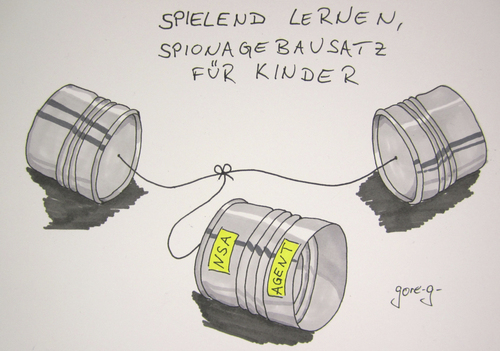 Cartoon: Spionagebausatz (medium) by gore-g tagged nsa,spinoage,bnd,agenten,abhören,skandal,blechdosen,dosen,telefon,kinder