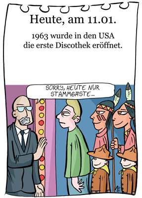 Cartoon: 11. januar (medium) by chronicartoons tagged cartoon,scouts,türsteher,indianer,pfadfinder,discothek