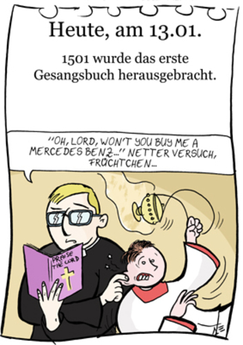 Cartoon: 13. Januar (medium) by chronicartoons tagged gesangsbuch,ministrant,pfarrer,janis,joplin,cartoon