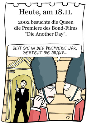 Cartoon: 18. November (medium) by chronicartoons tagged queen,elisabeth,james,bond,007,england,cartoon