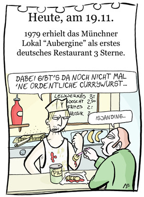 Cartoon: 19. November (medium) by chronicartoons tagged currywurst,wurstbude,3sterne,restaurant,aubergine,cartoon