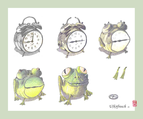 Cartoon: clock frog - uhrfrosch (medium) by zenundsenf tagged frosch,uhr,frog,clock,zenf,zensenf,zenundsenf,walter,andi