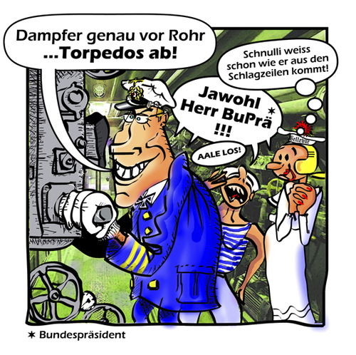 Cartoon: SEEWULFF web (medium) by zenundsenf tagged christian,wulff,bundespräsident,deutschland,skandal,bettina,olivia,oyl,seewölfe,federal,president,gemany,cartoon,comic,caricature,costa,concordia,uboot,submarine,bildzeitung,krieg,zenf,zensenf,zenundsenf,walter,andi