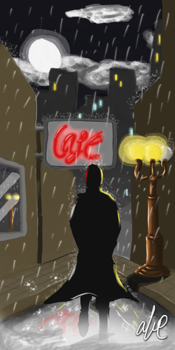 Cartoon: Night time Study (medium) by Abe tagged rain,dark,fog,silhouette,walking,light,pole,city,skyline,windows,cafe,reflections,moon,clouds,noir,neo