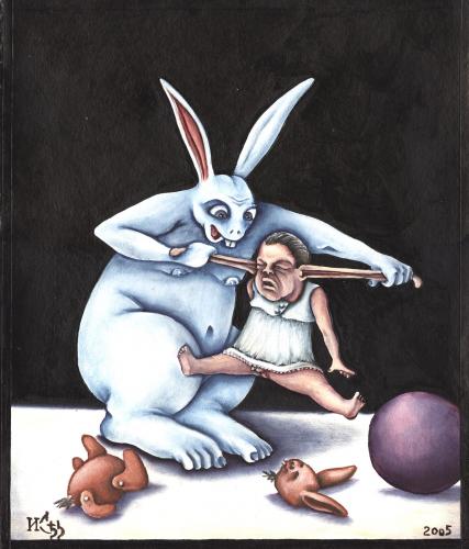 Cartoon: Rabbit Prokrust (medium) by Revyakin tagged rabbit,prokrust,philosophy,illustration,hase,spielzeug,kind,ohren,langziehen,spielen,strafe,plüschtier,gerechtigkeit,rache