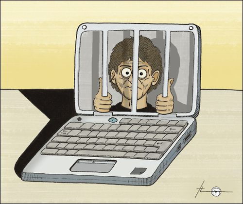 Cartoon: Press Enter to release... (medium) by badham tagged internet,badham,media,new,labtop,notebook,prison,man,crisis,art,computer