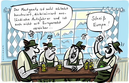 Cartoon: Maut (medium) by kittihawk tagged kittihawk,2015,maut,europa,recht,scheiß,diskriminierung,stammtisch,bayern,csu,kittihawk,2015,maut,europa,recht,scheiß,diskriminierung,stammtisch,bayern,csu